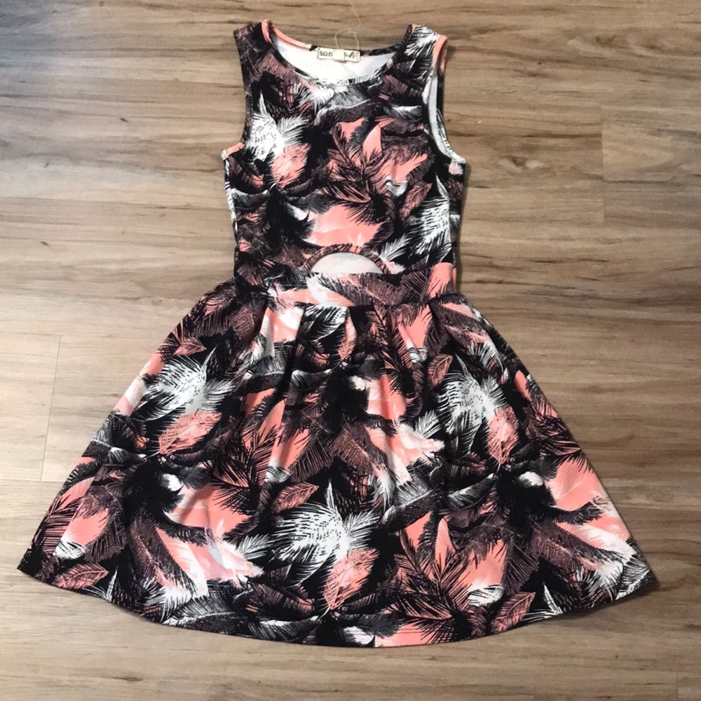 Pink white black palm tree dress w/ waist cutout